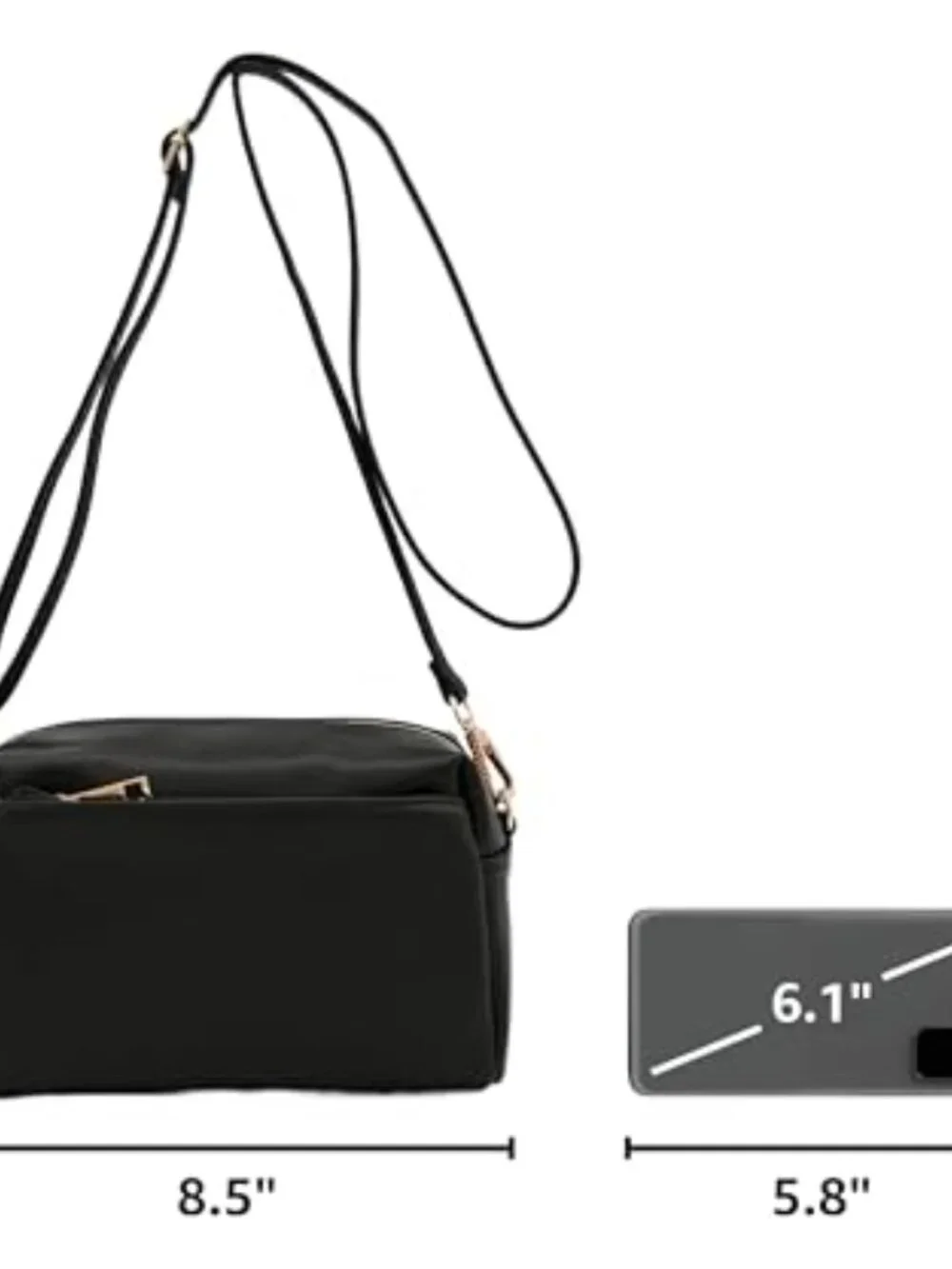 Small crossbody bag with triple zip compartments, faux leather & gold hardware